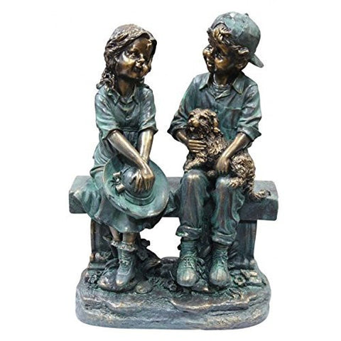 Girl and Boy Sitting on Bench with Puppy Statuary