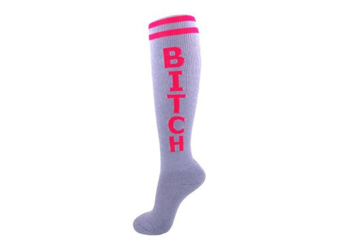 Bitch - Grey Athletic Stripe Crew Socks - Unisex Adult