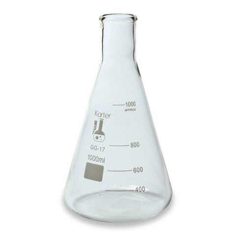 1000ml Narrow Mouth Erlenmeyer Flask, 3.3 Borosilicate Glass, Karter Scientific 213G22 (Single)