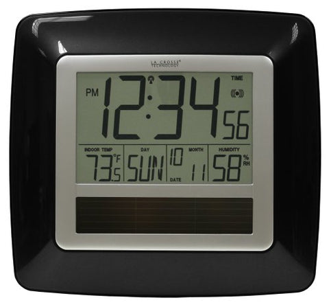 Solar Atomic Digital Wall Clock with Indoor Temp/Humidity, Black