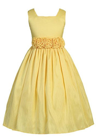 Sleeveless, Light-Weight Taffeta Dress with Hand-Rolled Flower Cummerbund Yellow