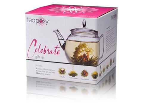 Celebrate Posy Set (8 Assorted Blooming Tea, 2 Loose Leaf Tea Sachets, 1 24oz Simply Glass Teapot)