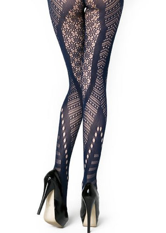 Chevron Cutouts and Floral Fishnet Pantyhose- Navy One Size