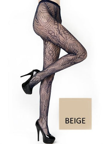 Yelete Peacock Feathers Colored Fishnet Pantyhose - Beige
