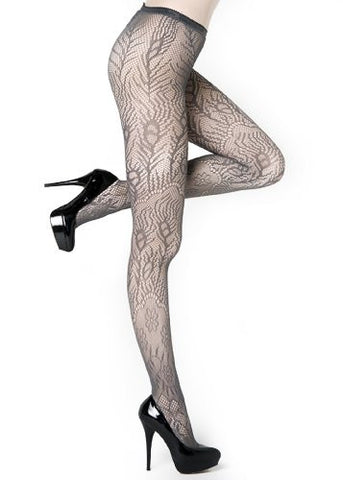 Yelete Peacock Feathers Colored Fishnet Pantyhose - Grey