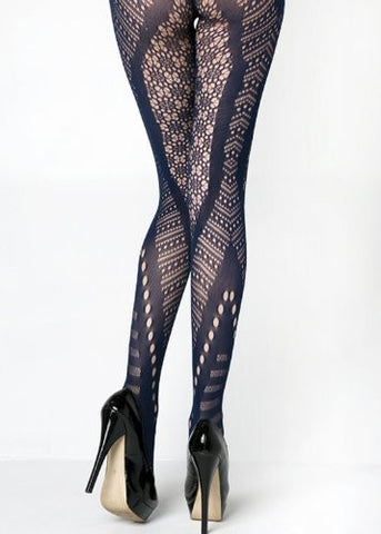 Stella Elyse Chevron Cutouts and Florals Fishnet Pantyhose Queen Plus Size (Navy)