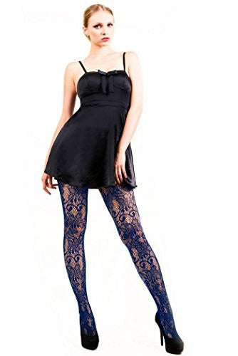 Stella Elyse Retro Floral Vines Fishnet Pantyhose (Navy / Queen)