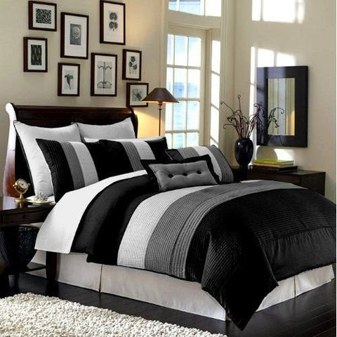 8 Piece Black, Grey, and White Faux Silk Comforter Set Bed-in-a-bag(Size:Full)