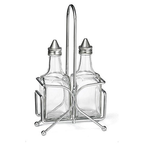 6 oz. Carded Glass Oil & Vinegar Cruet Set, S/S tops, Chrome Plated Rack