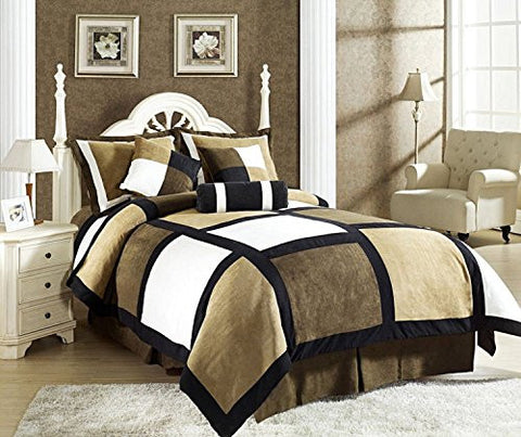 7 Piece Black Brown Beige Micro Suede Patchwork Comforter Set Machine Washable, Bed-in-a Bag