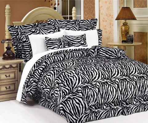 Beautiful 7 Pc Black and White Zebra Print Faux Fur Comforter Bedding Set, (Size: King)