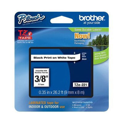 Brother TZe-221 Labeler Tape, Black on White, 3/8"W x 26.2'L