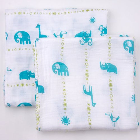 Jungle Animals Teal & Lime - 2 pack, organic muslin swaddling blankets