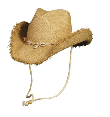 Raffia Braid with Shells and Blue Beads Hat - Natural, One Size