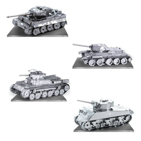 Metal Earth T-34 Tank, Chi-Ha Tank, Tiger Tank, and Sherman Tank