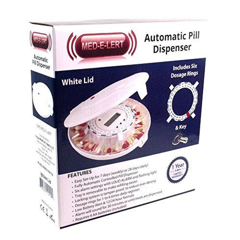 NEW! GMS Med-e-lert - 28 Day Automatic Pill Dispenser,6 Alarms ,6 Rings, 1 Key with Solid White Lid