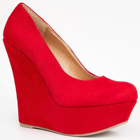 Delicious Shoes Meroz-S Faux Suede Platform Wedge, Red, US 6