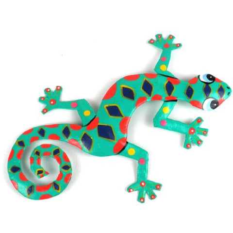Global Crafts Painted Metal Drum Art Colorful Gecko Wall Hanging, 8-Inch