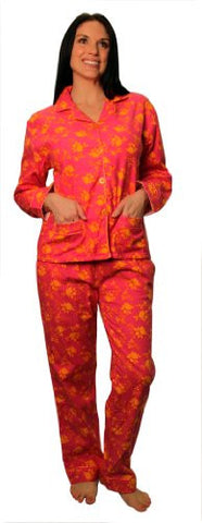 bSoft 100% Cotton Flannel Classic Button Up Pajamas,Large,Floral Damask Blue (Orange Rose / 2X Plus)