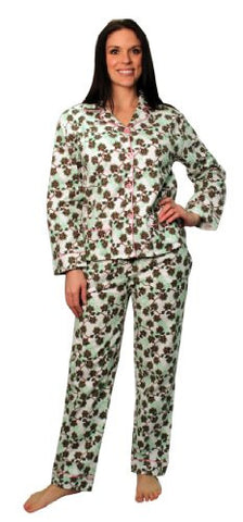 bSoft 100% Cotton Flannel Classic Button Up Pajamas,Large,Floral Damask Blue (Green Vines / Medium)