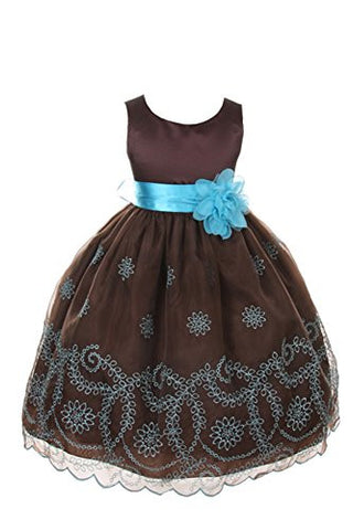 Beautiful Organza Dress with Floral Pattern Embroidered on Skirt - Chocolate, Size 8