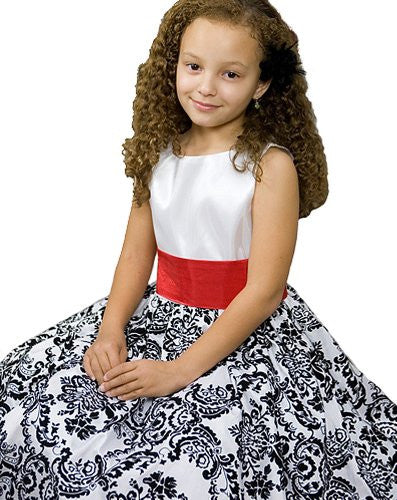 Velvet Flocked Floral Taffeta Dress with Red Sash - Size 10