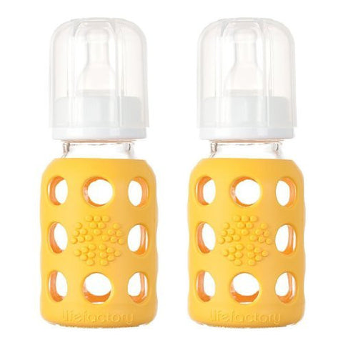 Lifefactory Glass Baby Bottle with Silicone Sleeve 4 Ounce, 2 Pack - Yellow