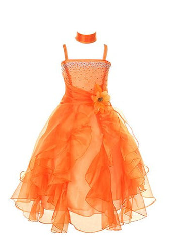 Cinderella Couture Girls Cascading Crystal Organza Rhinestone Party Dress - Orange