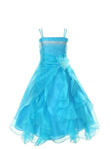 Cinderella Couture Girls Cascading Crystal Organza Rhinestone Party Dress - TURQUOISE