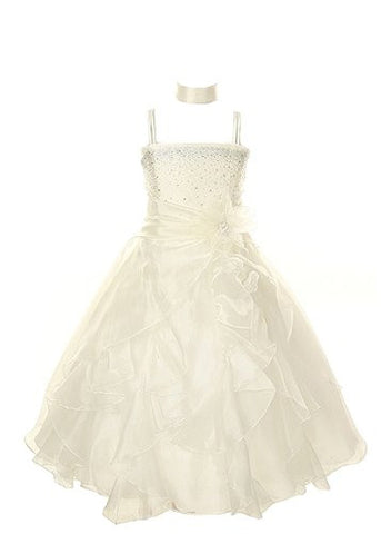 Cinderella Couture Girls Cascading Crystal Organza Rhinestone Party Dress - Ivory