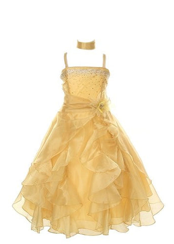 Cinderella Couture Girls Cascading Crystal Organza Rhinestone Party Dress - Gold