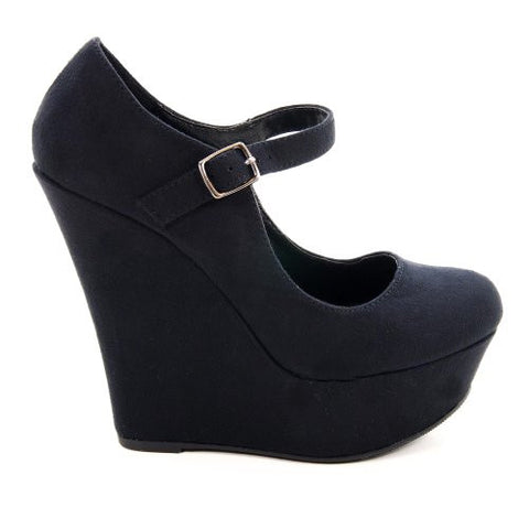 My Delicious Shoes Kayla-S Faux-Suede Mary Jane Platform Wedges, Black US 5.5