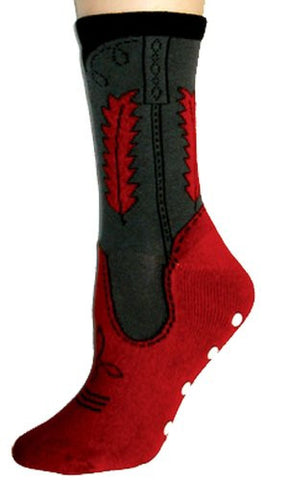 Cowboy Non-Skid Slipper Socks by Foot Traffic-One Size, Red/Grey Cowboy