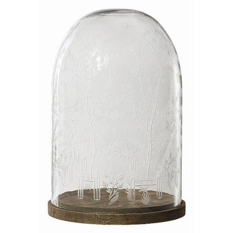 Canton Large Cloche, Etched Glass/Natural Wood