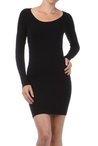 Long Sleeve Solid Dress with Round Neckline - Black