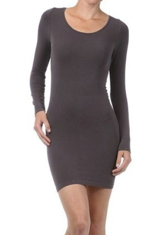 Long Sleeve Solid Dress with Round Neckline - Dark Grey