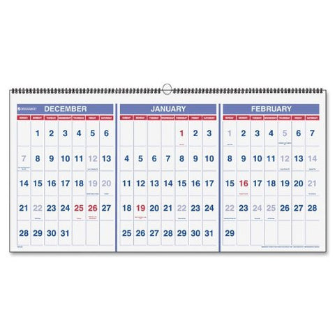 AT-A-GLANCE 2015 Recycled 1-Page-Per-3 Month Horizontal Calendar, Dec.-Feb., Wall, 23 1/2" x 12"
