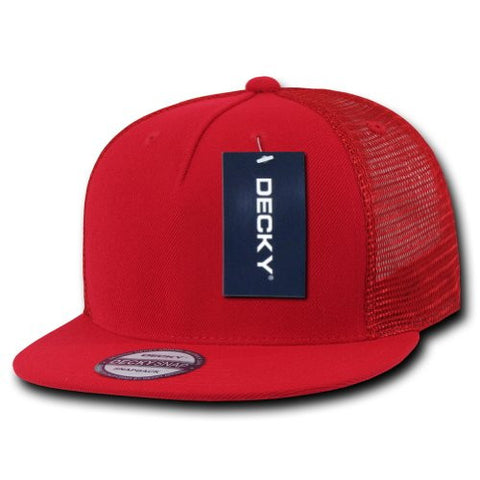 DECKY 5 Panel Flat Bill Trucker Cap Hats (Red)