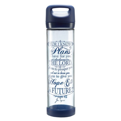 I Know the Plans" (Blue) Glass Water Bottle
