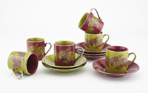 Nouveau Floral Collection Cup & Saucer 2.5Oz (Set Of 6) - Green/Red