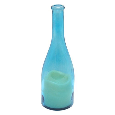 10"LED BLUE GLASS WINE BOTTLE W/FLAMELESS CANDLE B/O