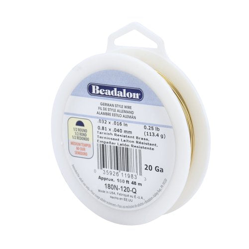 German Style Wire, Half Round, Tarnish Resistant Brass, 20 gauge (.032 in, .81 mm), 1/4 lb (.11 kg)