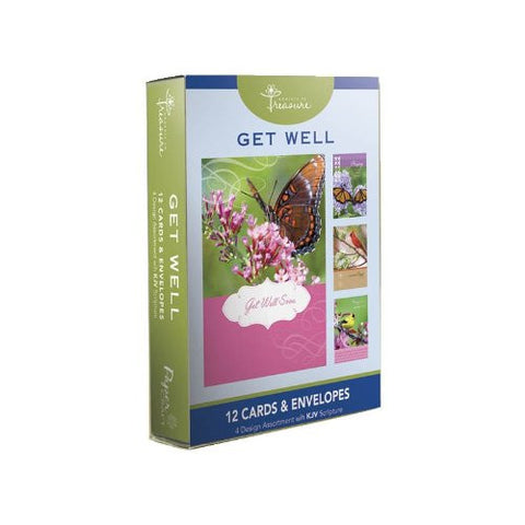 12PK BOXED GET WELL CARDS WITH SCRIPTURE - Butterfly's/Birds - 1 box. 4 designs in box. Bulk packed.