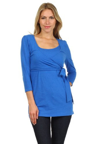 Wrap and Tie ¾ Sleeves Nursing Top, Blue Medium
