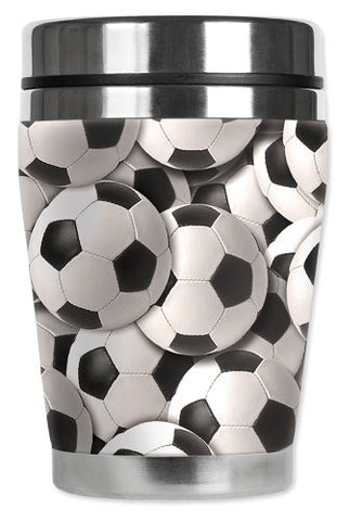 Mugzie® brand 12-Ounce "Mini" Travel Mug with Insulated Wetsuit Cover - Soccer Balls