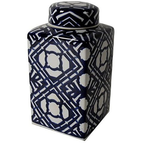 5x5x10" Valora Blue and White Ceramic Square Lidded Jar