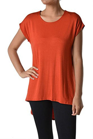 Azules Women's Solid Color Rayon Span High Low Cap Sleeved Tunic - Rust, M