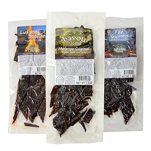 South Louisiana Style Beef Jerky - Melange Original 1.5 oz., Luziana Bonfire 1.5 oz., and File Gumbo  1.5 oz