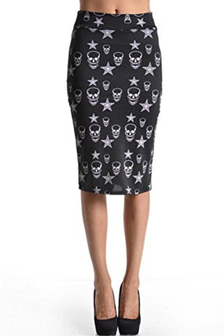 Azules Women's below the Knee Pencil Skirt - Made in USA (Black Skull / Large)