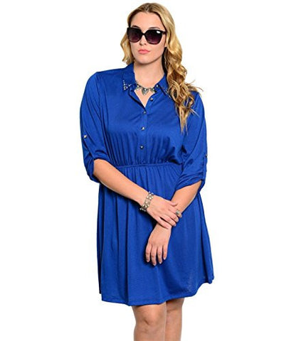 Studded Collar Button Tab Sleeve Shirred Dress - Royal Blue, 2X-Large